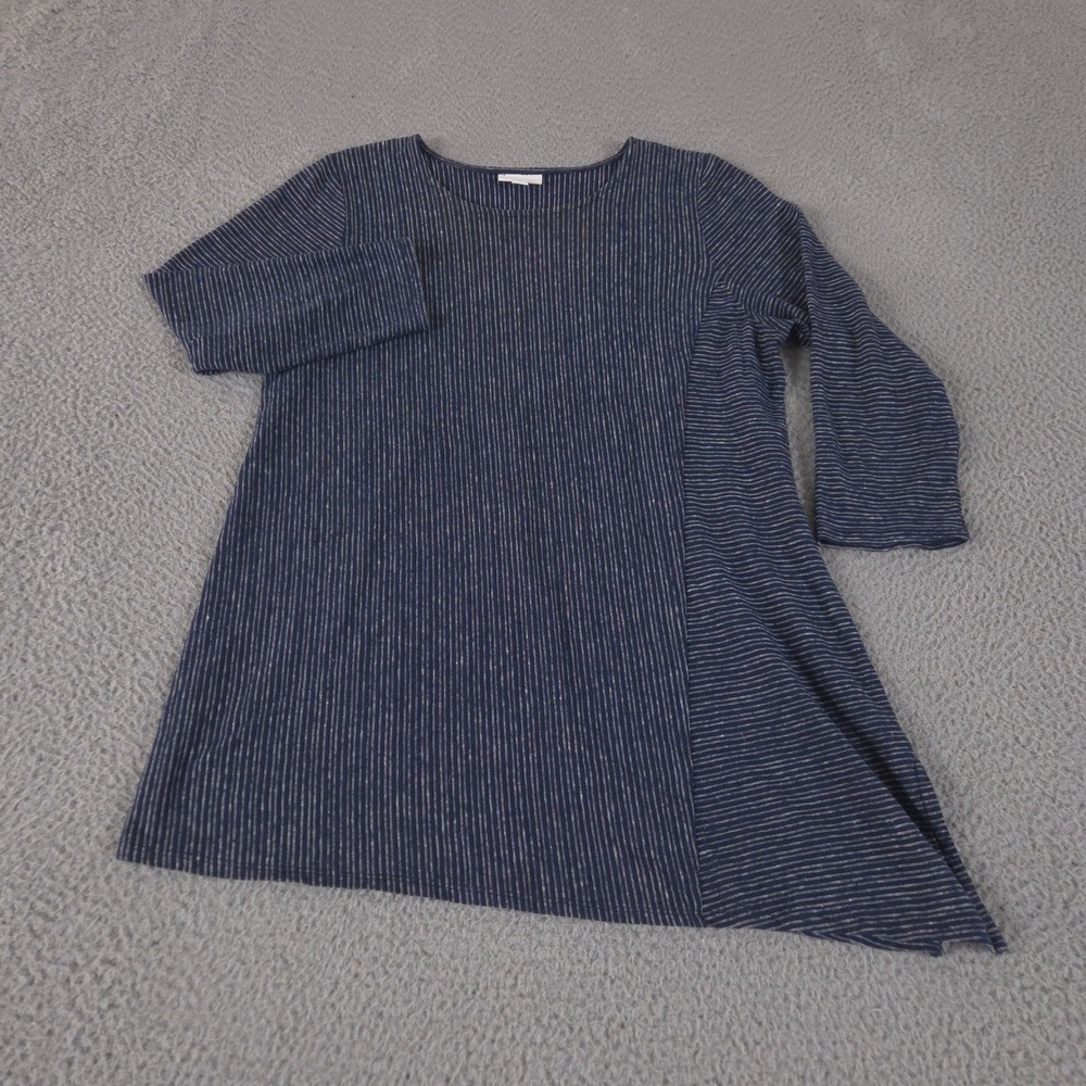 Pure Jill Top Womens Small Navy Tunic Striped Asymmetrical Hem 3/4 Sleeve Knit